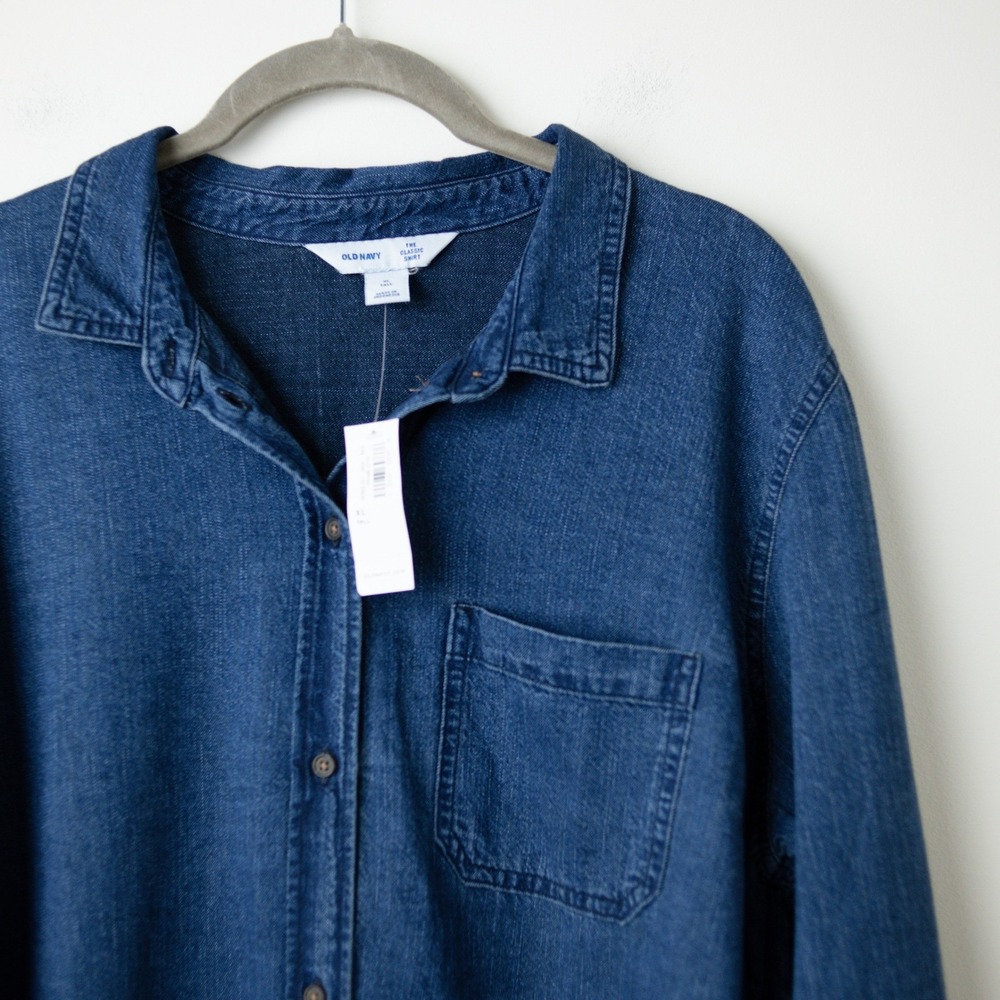 Old Navy 100% Cotton Denim The Classic Shirt Women XL TALL Dark Wash Blue Jean - Picture 3 of 8